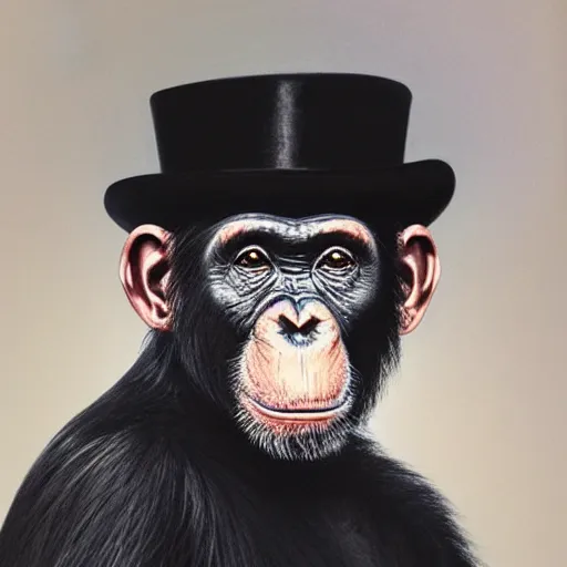Prompt: a hyperrealistic portrait of a chimpanzee, with a top hat. photorealistic, highly detailed