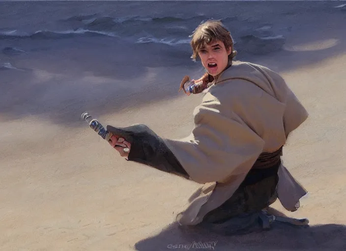 Image similar to a highly detailed beautiful portrait of anakin skywalker hissing at sand, by gregory manchess, james gurney, james jean