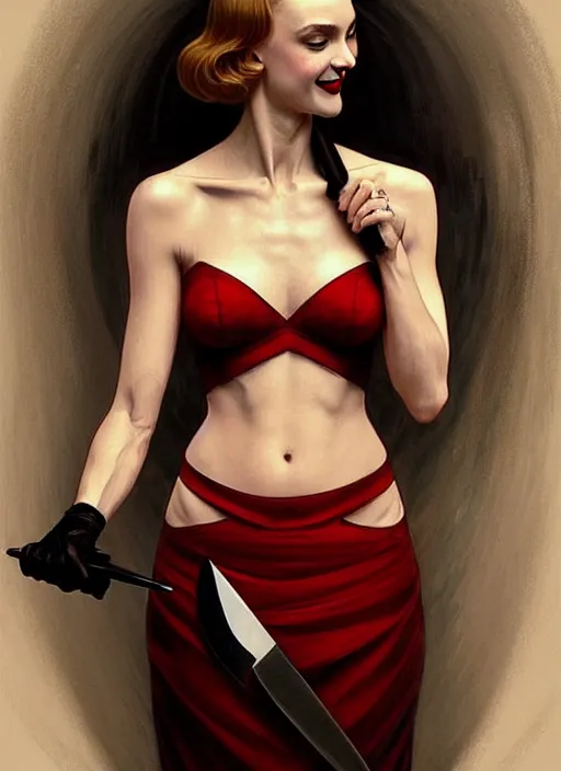 Prompt: “ daria strokous as femme fatale smiling, with red lips, holding knife on her victim ’ s throat intricate, elegant, highly detailed, digital painting, artstation, concept art, smooth, sharp focus uhd 8 k, art by artgerm and greg rutkowski and alphonse mucha ”