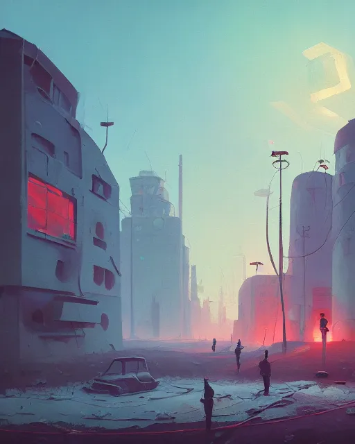 Prompt: a beautiful painting of apocalyptic soviet ruined city, by simon stalenhag, cory loftis, james gilleard, atey ghailan, rim light, exquisite lighting, clear focus, very coherent, plain background, soft painting