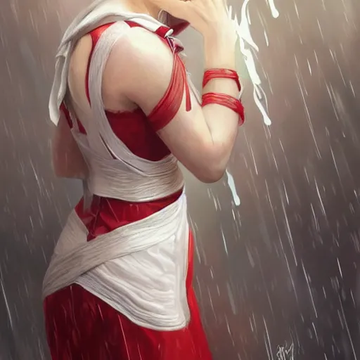 Image similar to elf woman standing in rain, short blonde hair, red and white chef's apron, sharp focus, intricate, smooth, ultra realistic digital art, d & d, high fantasy, pointed ears, elegant, by artgerm, greg rutkowski, raymond swanland, alphonse mucha