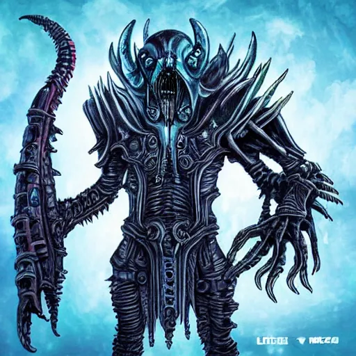 Prompt: lich king as a xenomorph, vaporwave, intricate detail, the gorillaz album art