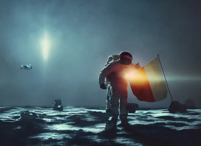 Image similar to astronaut holding a flag in an underwater desert. a submarine is visible in the distance. dark, concept art, cinematic, dramatic, atmospheric, 8 k, trending on artstation, blue, fish, low visibility, fog, ocean floor, christopher nolan, interstellar