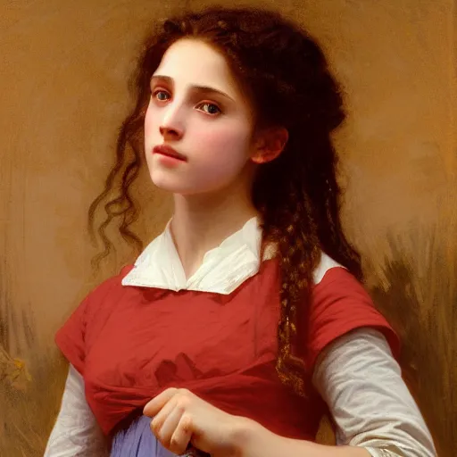 Prompt: Painting of Hermione Granger by William Adolphe Bouguereau. Sunset. Extremely detailed. 4K. Award winning.