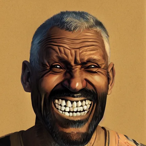 Image similar to old man portrait, face smiling, golden teeth, grenade in mouth, flat background, greg rutkowski gta san andreas art