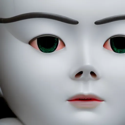 Image similar to minimalist photography portrait of a female porcelain robot, symmetrical, super close up, mid thirties, cute round green slanted eyes, white porcelain skin, wide nostrils, chubby cheeks, high flat eyebrows, black pistons, bjork, ethereal essence, angelic, leica 1 0 0 mm f 0. 8