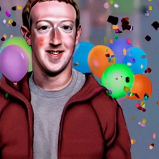 Prompt: mark zuckerberg is inside a computer monitor, wishing handsome bearded man happy birthday, confetti, cake, balloons, the words happy birthday wilson