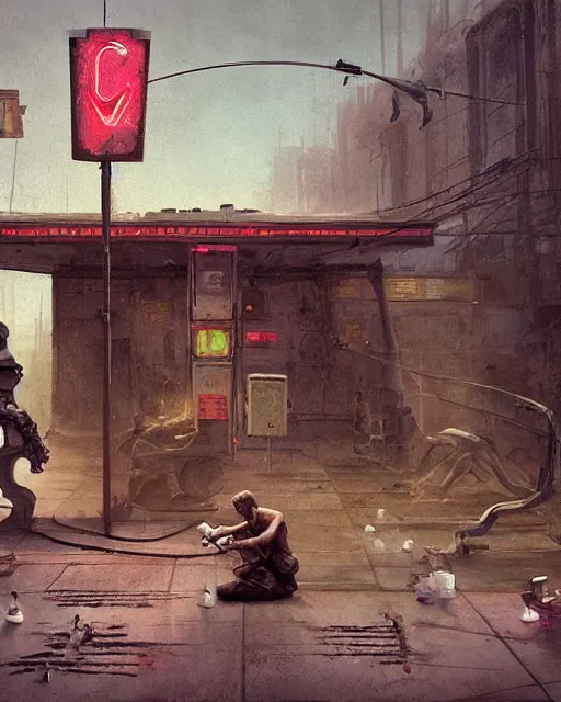 Image similar to a highly detailed epic cinematic concept art CG render digital painting artwork: A robot playing chess with a dead old man in a decayed gas station. volumetric lighting. By Greg Rutkowski, in the style of Francis Bacon and Syd Mead and Norman Rockwell and Beksinski, open ceiling, highly detailed, painted by Francis Bacon and Edward Hopper, painted by James Gilleard, surrealism, airbrush, Ilya Kuvshinov, WLOP, Stanley Artgerm, very coherent, triadic color scheme, art by Takato Yamamoto and James Jean