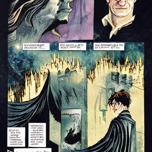 Image similar to comics Harry Potter casting a Patronus in The Sandman comic, by Neil Gaiman, by Dave McKean, comics Sandman, small details, whole-length