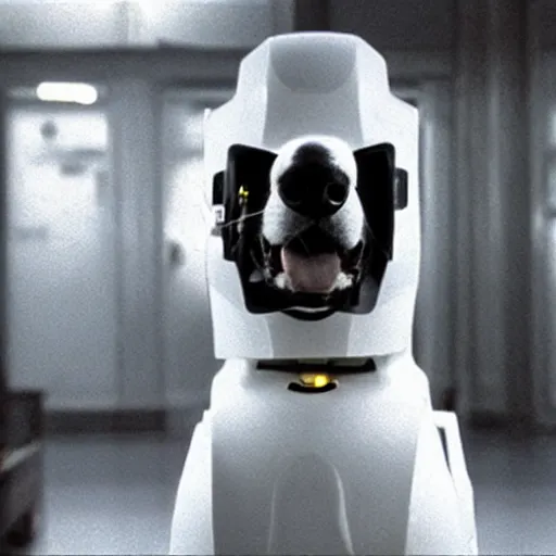 Prompt: movie still of dog robot white swiss shepperd, cinematic composition, cinematic light, criterion collection, by edgar wright