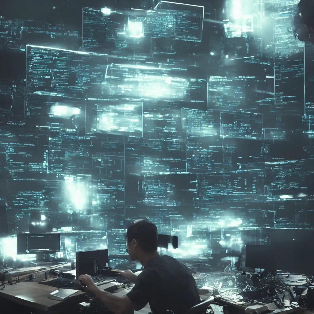 Image similar to a programmer at the table in front of a computer with multiple screens, long lines of code, IT, matrix style, 4k, ultra details, cinematic, epic style, beautiful photo, hyper realistic, octane render, unreal engine, award winning, on artstation, volumetric lightning, dramatic lights, masterpiece,