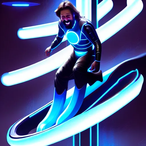 Image similar to tron legacy jesus riding waterslide, face closeup, laughing, diffuse lighting, hyper realistic, concept art, intricate, hyper detailed, smooth, sharp focus, illustration, trending on artstation, art by greg rutkowski and james gurney and alphonse mucha