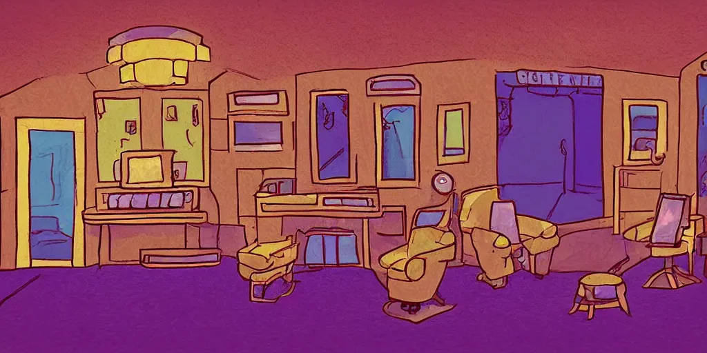 Image similar to a dimly lit, theater dressing room, with a mirror, a chair, a couch, day of the tentacle style, drawn by Peter Chan