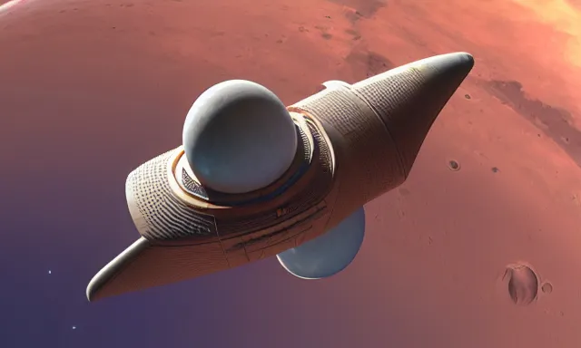 Image similar to a render of a spaceship in the orbit of mars by john jude palencar