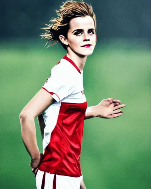 Image similar to a portrait of emma watson as a lokomotiv football player, hyper realistic