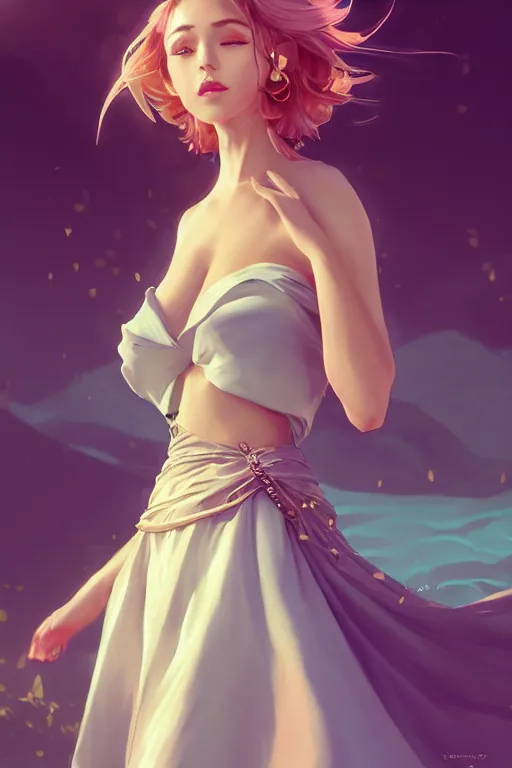 Image similar to a beautiful fashion goddness of love, chic strapless dress, tropical sea background, character design, in the style of artgerm, and wlop, cinematic lighting, hyperdetailed, 8 k realistic, symmetrical, global illumination, radiant light, frostbite 3 engine, cryengine, dof, trending on artstation, digital art