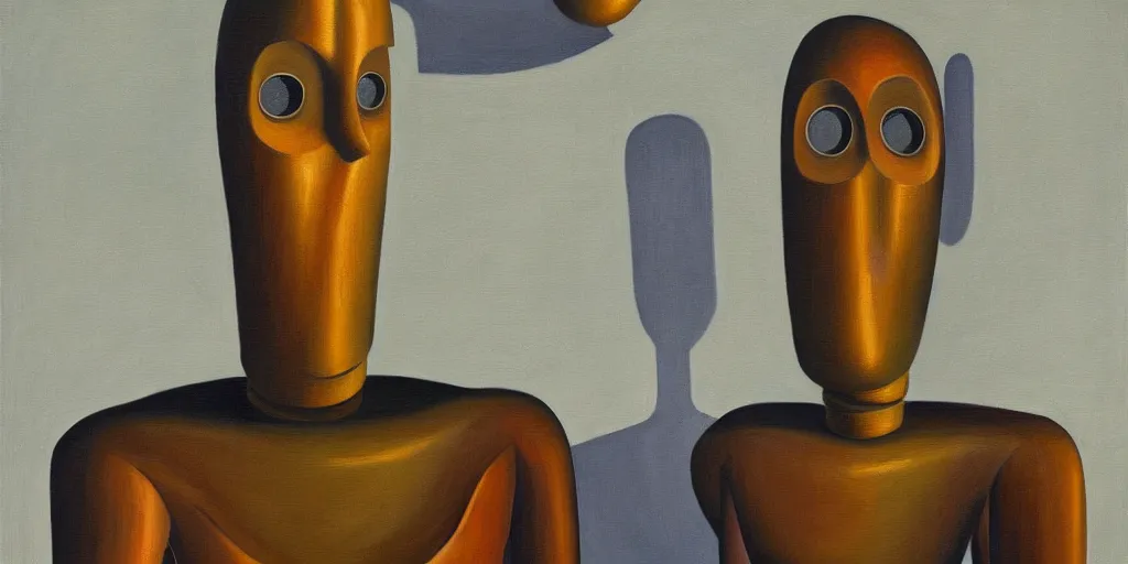 Image similar to robot portrait, visage, expressive, grant wood, pj crook, edward hopper, oil on canvas