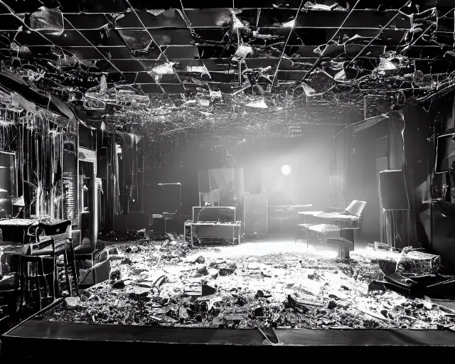 Prompt: diorama of a stage at a basement club, moody lights, broken computers and cables, glass shards, centered, composition by Hale Woodruff, 8k, concert documentary, b&w photography, cinematography by Jim Jarmusch, set design by Antonin Gaudí