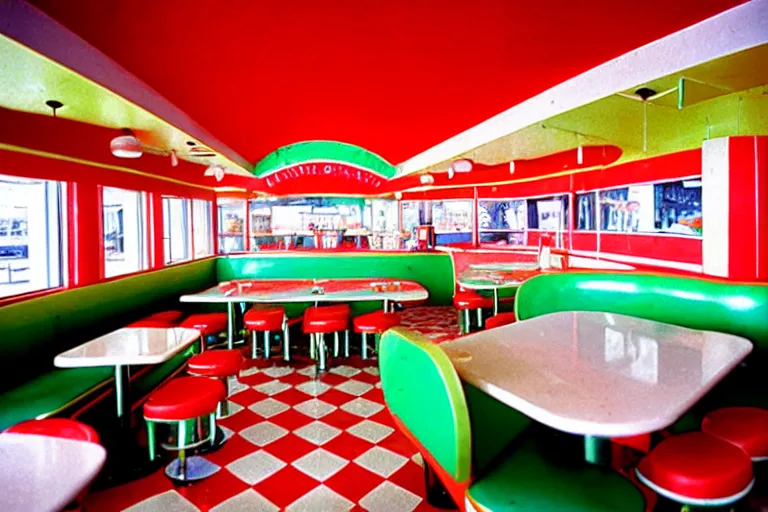 Prompt: 1 9 9 5 googie watermelon themed classic american diner, people sitting at tables, googie architecture, one point perspective, americana, restaurant interior photography