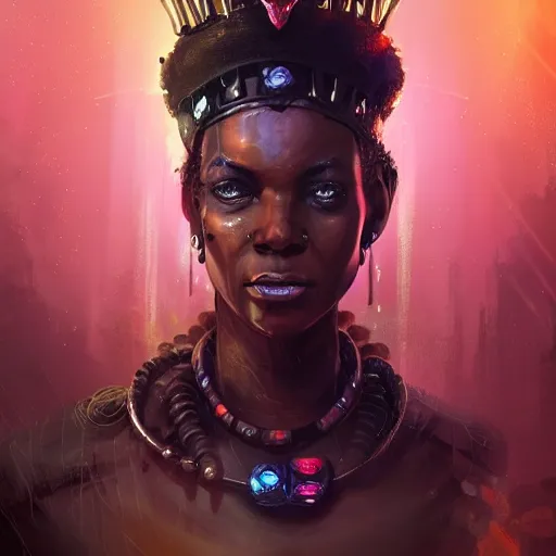 Image similar to a dark and ominous african queen with glowing eyes and a golden crown with a ruby crying tears of gold in a thunderstorm, Apex Legends character digital illustration portrait design, by android jones and greg rutkowski in a cyberpunk voodoo style, detailed, cinematic lighting, wide angle action dynamic portrait