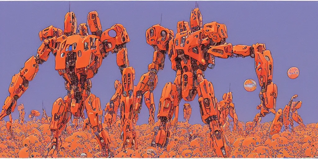 Image similar to risograph rendition of extremely - detailed white huge evangelion - like mech with a lot of orange tiny balls on it, children faces, ominous, intricate complexity, dramatic, epic composition, atmospheric, painting by moebius