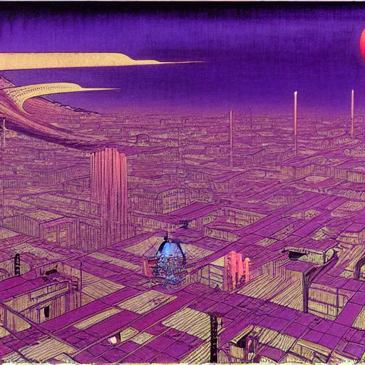 Prompt: purple cyberpunk city, by Hokusai and Beksinski