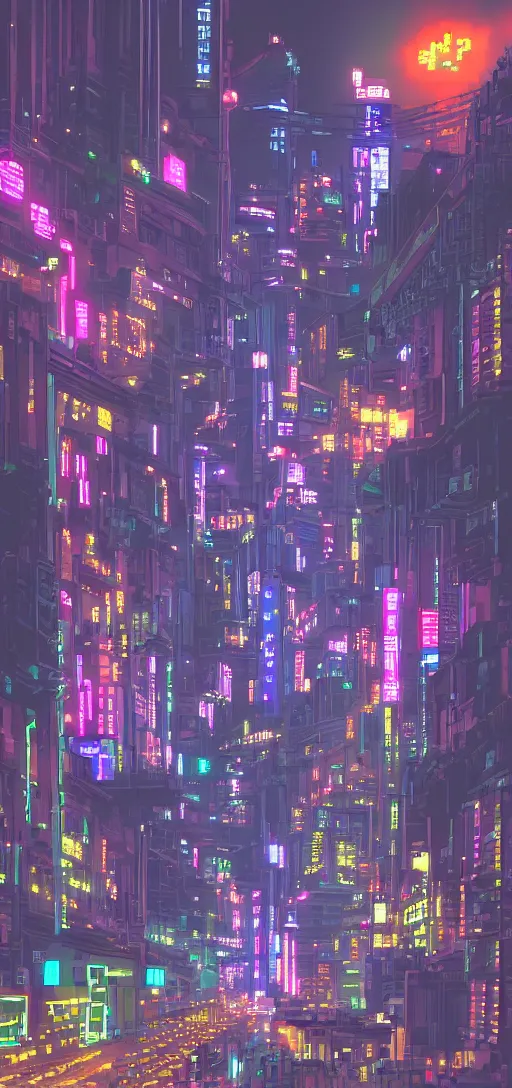 Image similar to a pixelart representation of a futurist city, cyberpunk, night, light, neon, details, 4 k, beautiful