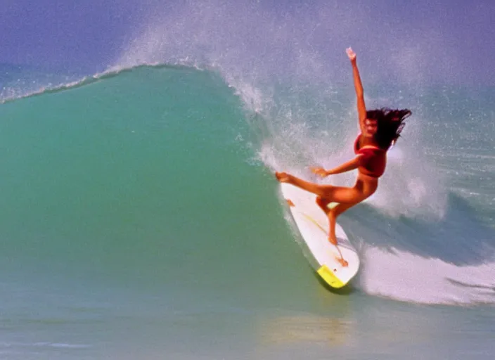 Prompt: color photo of a surfergirl riding a big wave in the 8 0's. shark fin in the water