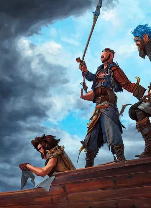 Image similar to an epic fantasy comic book style portrait painting of two bumbling idiot sky - pirates on the deck of a skyship looking at a chest, unreal 5, daz, hyperrealistic, octane render, cosplay, rpg portrait, dynamic lighting