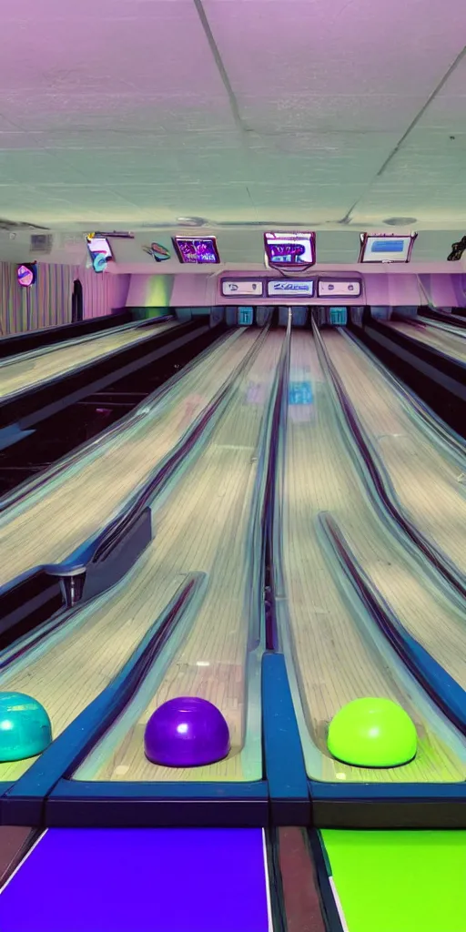 Image similar to a ufo themed bowling alley, green blue and purple color scheme, 1990s