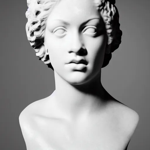 Image similar to rihanna portrait, ancient greek sculpture, white marble, ultra realistic, studio photo, 5 0 mm, bokeh.