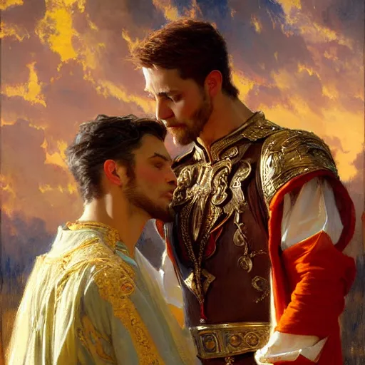 Image similar to attractive fully clothed king confesses his love for his attractive fully clothed male prince. highly detailed painting by gaston bussiere, craig mullins, j. c. leyendecker 8 k