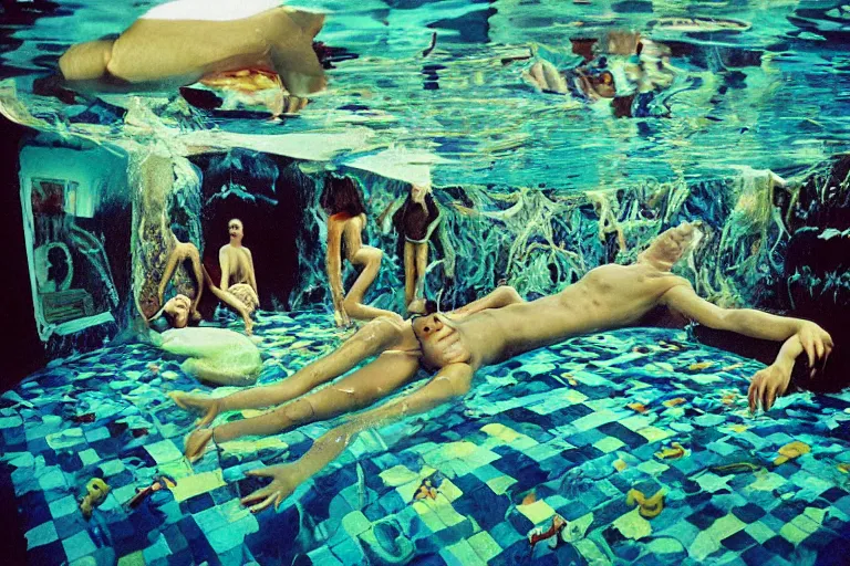 Image similar to 35mm color lomography, last photo, portrait, fashion shoot, weird, random, strange, spooky, hyperdetailed, photorealistic, high fashion, interesting, swimming pool, david cronenberg, by Jacek Yerka