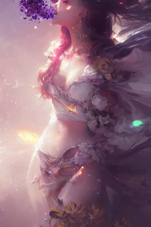 Image similar to the look of a young beautiful girl necromancer covered with crystals exploding space, 3 d render, hyper realistic detailed portrait, holding magic flowers, ruan jia, wlop. scifi, fantasy, hyper detailed, octane render, concept art, peter mohrbacher