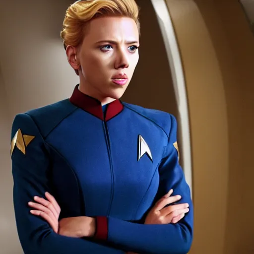 Prompt: highly detailed scarlett johansson wearing a star trek uniform, movie still