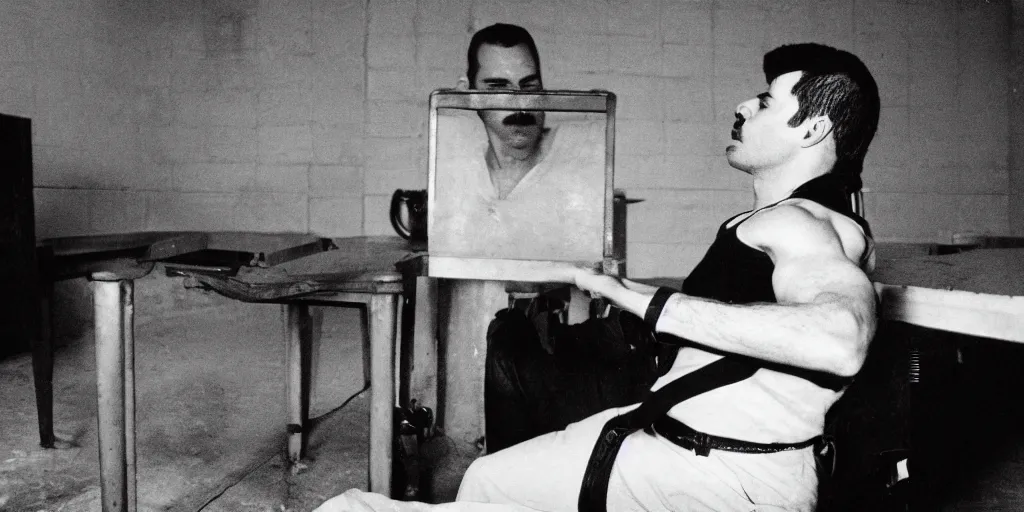 Image similar to freddie mercury sits in a russian prison, black and white photo, realism, 3 5 mm, good lighting