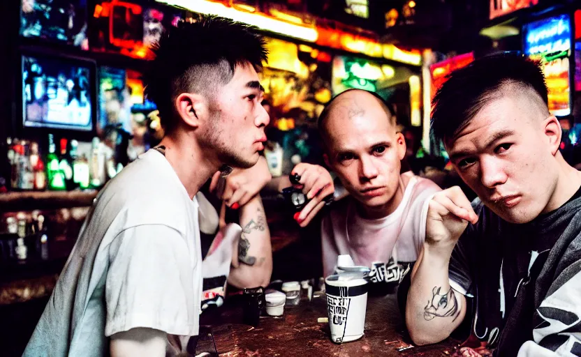 Prompt: cinestill 5 0 d photographic portrait of two white rats wearing streetwear talk at a bar in cyberpunk china, extreme closeup, modern cyberpunk, dust storm, 8 k, hd, high resolution, 3 5 mm, f / 3 2, ultra realistic faces, intricate detail, ex machina