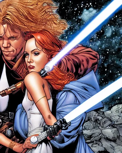 Image similar to mara jade and luke skywalker, cover art by jim lee