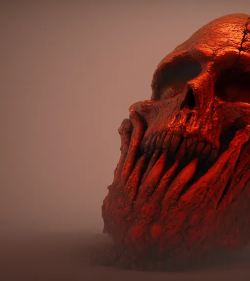 Image similar to burning skull, baked bean texture, by zdzislaw beksinski, octane render, unreal engine 5, trending on artstation