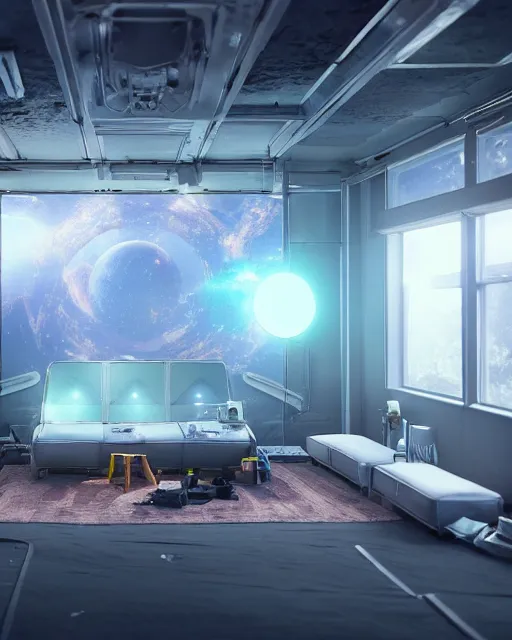 Image similar to artstation scifi scene of a safe room as ikea ad, lounge furniture, large terrarium, sky mural on the room ceiling, paneled walls, unreal engine 5, hyper realism, realistic shading, cinematic composition, blender render, octane render, hdr, detailed textures, photorealistic, wide shot