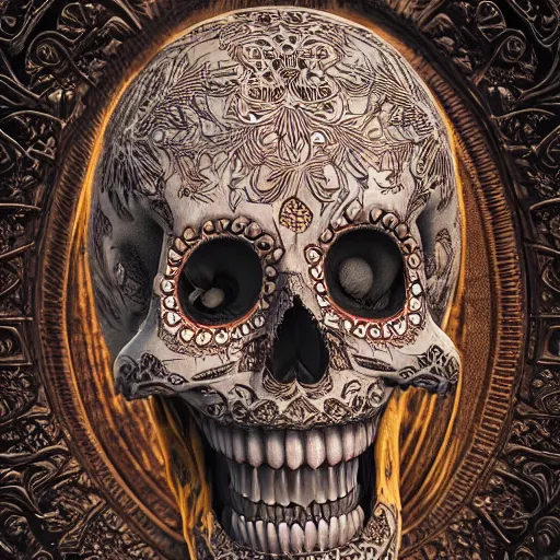 Image similar to a highly detailed photographic render of intricately carved sugar skull, intricate ornament, gilding, horror, dark fantasy, beautifully lit, ray traced, octane 3D render in the style of Gerald Brom and James Gurney