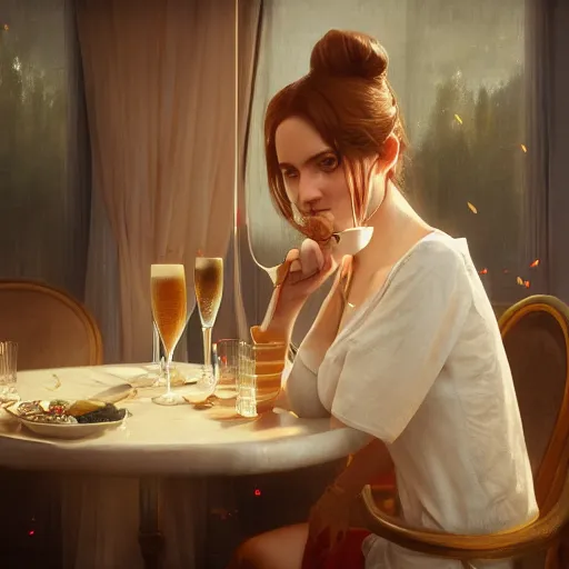 Prompt: lolita milyavskaya drinking champagne in a restaurant by greg rutkowski and christophe vacher, trending on artstation, 3 d render octane