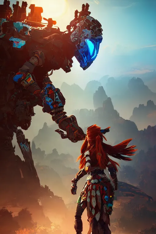 Image similar to combination suit armor aloy horizon forbidden west horizon zero dawn radiating a glowing aura global illumination ray tracing hdr fanart arstation by ian pesty and alena aenami artworks in 4 k tribal robot ninja mask helmet backpack