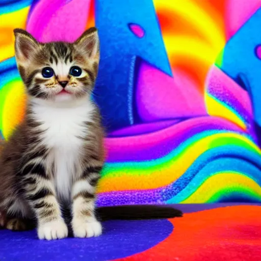 Image similar to a picture of an adorable kitten in front of a backdrop designed by Lisa Frank