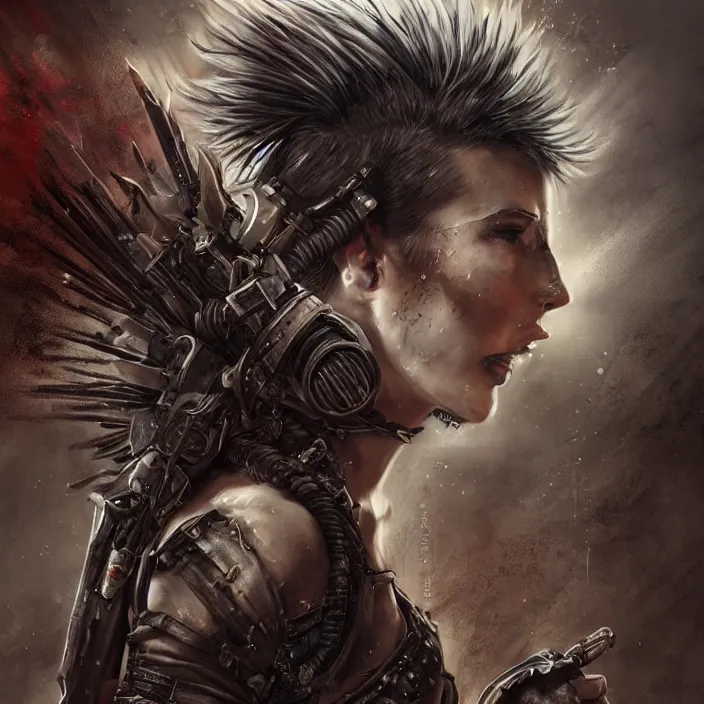 Image similar to beautiful apocalyptic woman with Mohawk, standing on mad max panzer tank, hyper-detailed, smooth, sharp focus, 4k ultra hd, fantasy dark art, tank girl, artgerm, artstation, octane render, elegant, detailed digital painting, apocalyptic art