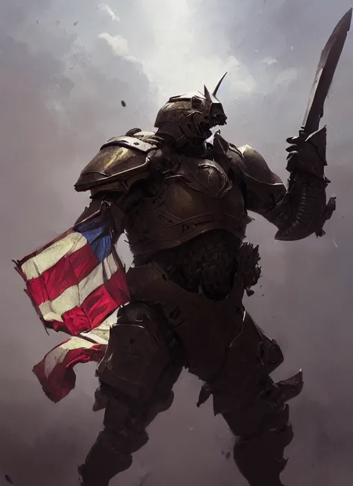 Image similar to portrait epic armored war commander biting a flag and losing his arms. highly detailed, digital painting, concept art, smooth, sharp focus, illustration, art by greg rutkowski