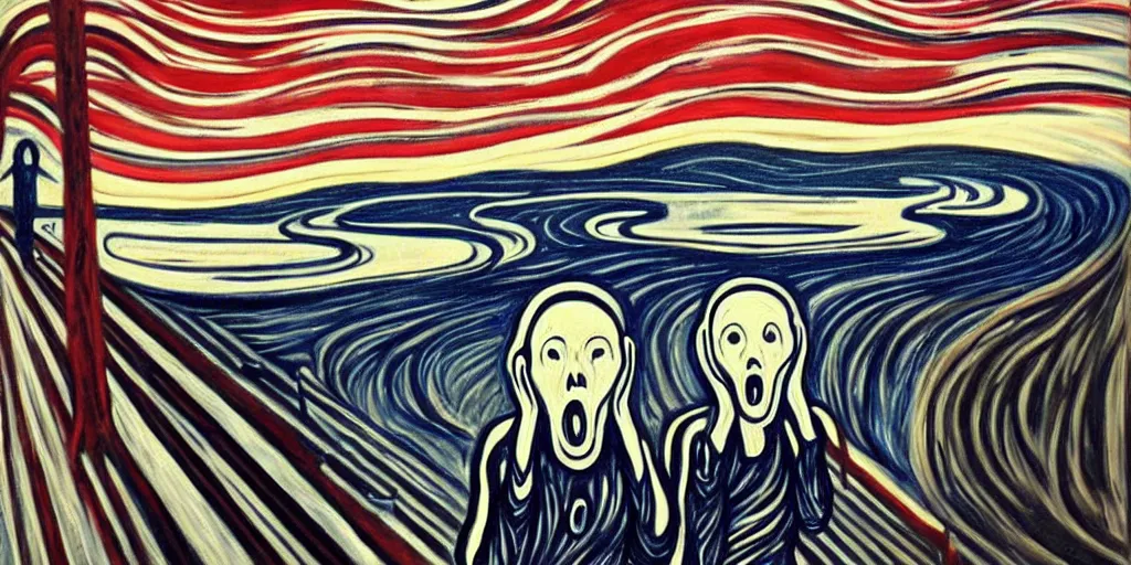 Prompt: a beautiful painting of the scream painting with robot by aaron horkey, trending on artstation