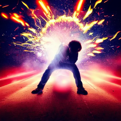 Image similar to man hitting the ground creating a explosion, anime, album cover, musical notes