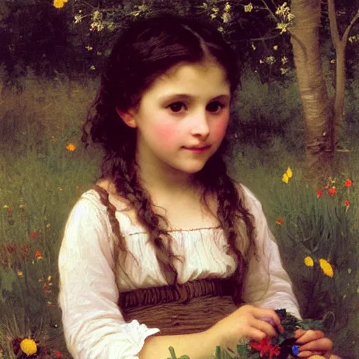 Prompt: a little girl with wavy brown hair sitting in a field of wildflowers. beautiful painting by bouguereau.