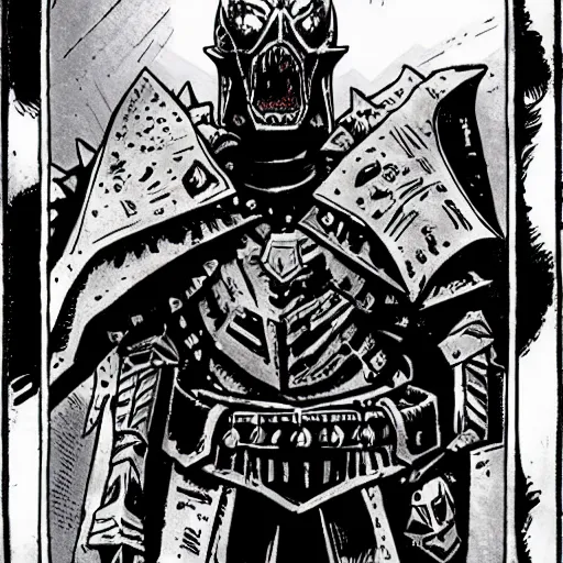 Prompt: an armored lich king screaming and getting up from his throne, by Mike Mignola